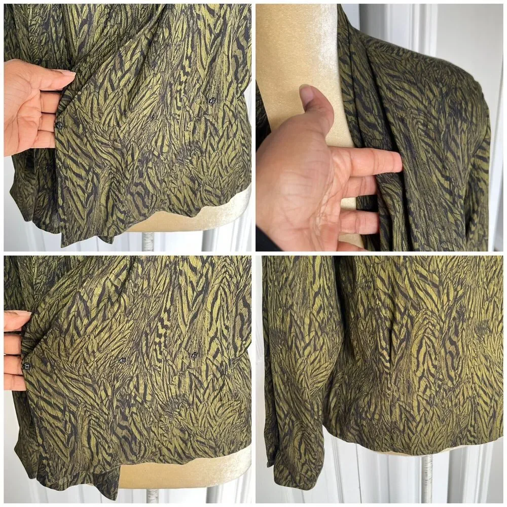 Anne Klein Vintage Silk Blouse Size 8 Green Black Surplice Button Front Top